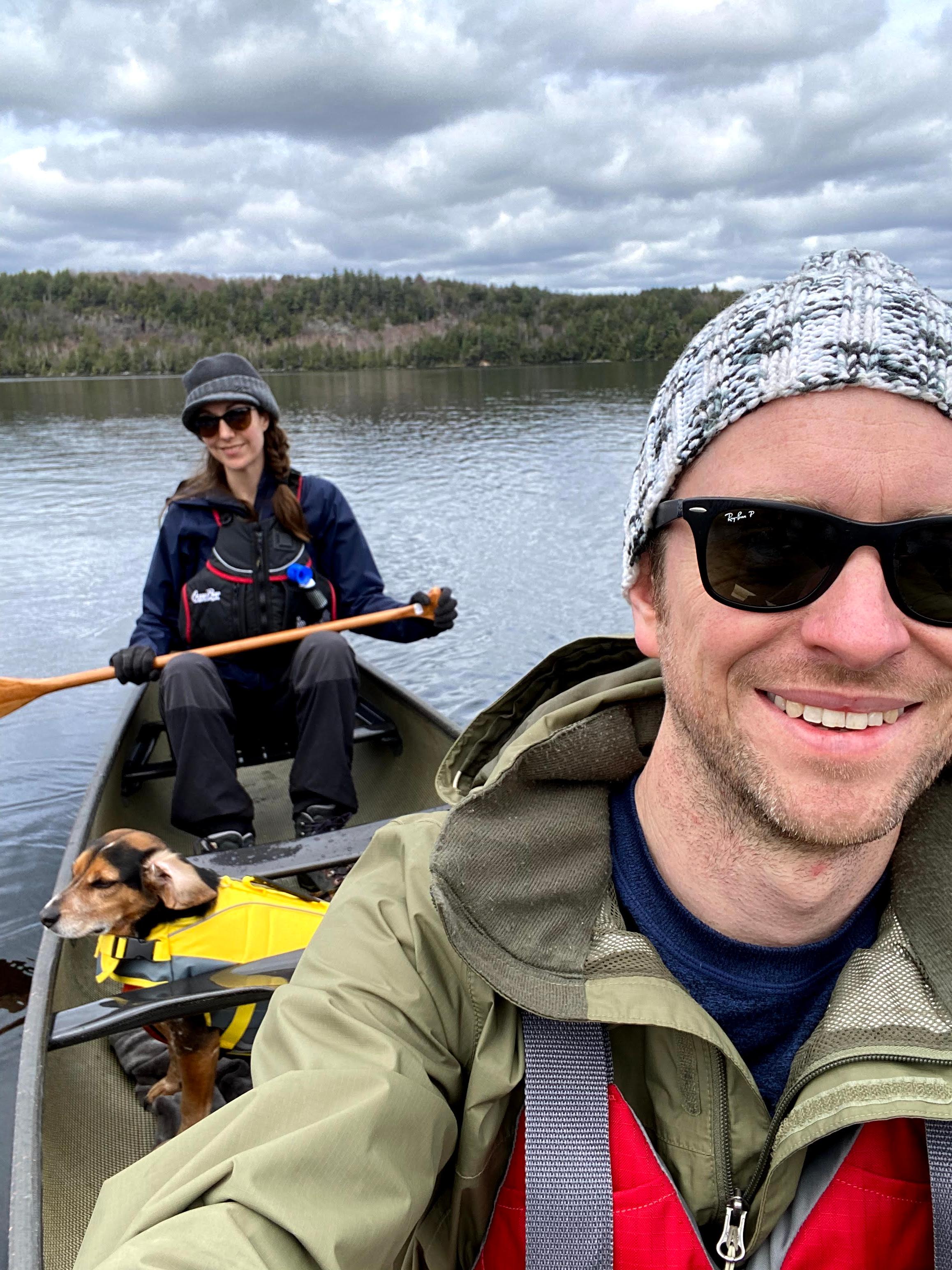 Jess, Elvis and Andrew in a canoe