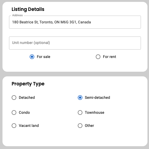Showing the user entering basic property details